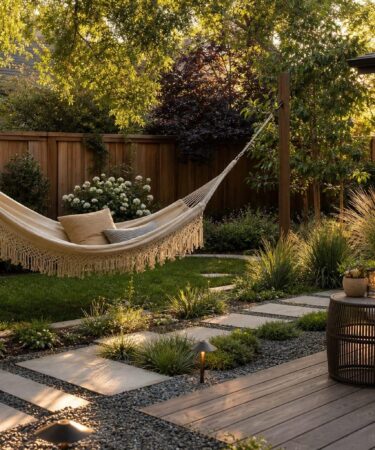 Hangmat in een groene tuin met weelderige planten en een rustige zithoek