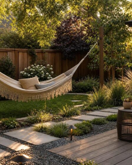 Hangmat in een groene tuin met weelderige planten en een rustige zithoek
