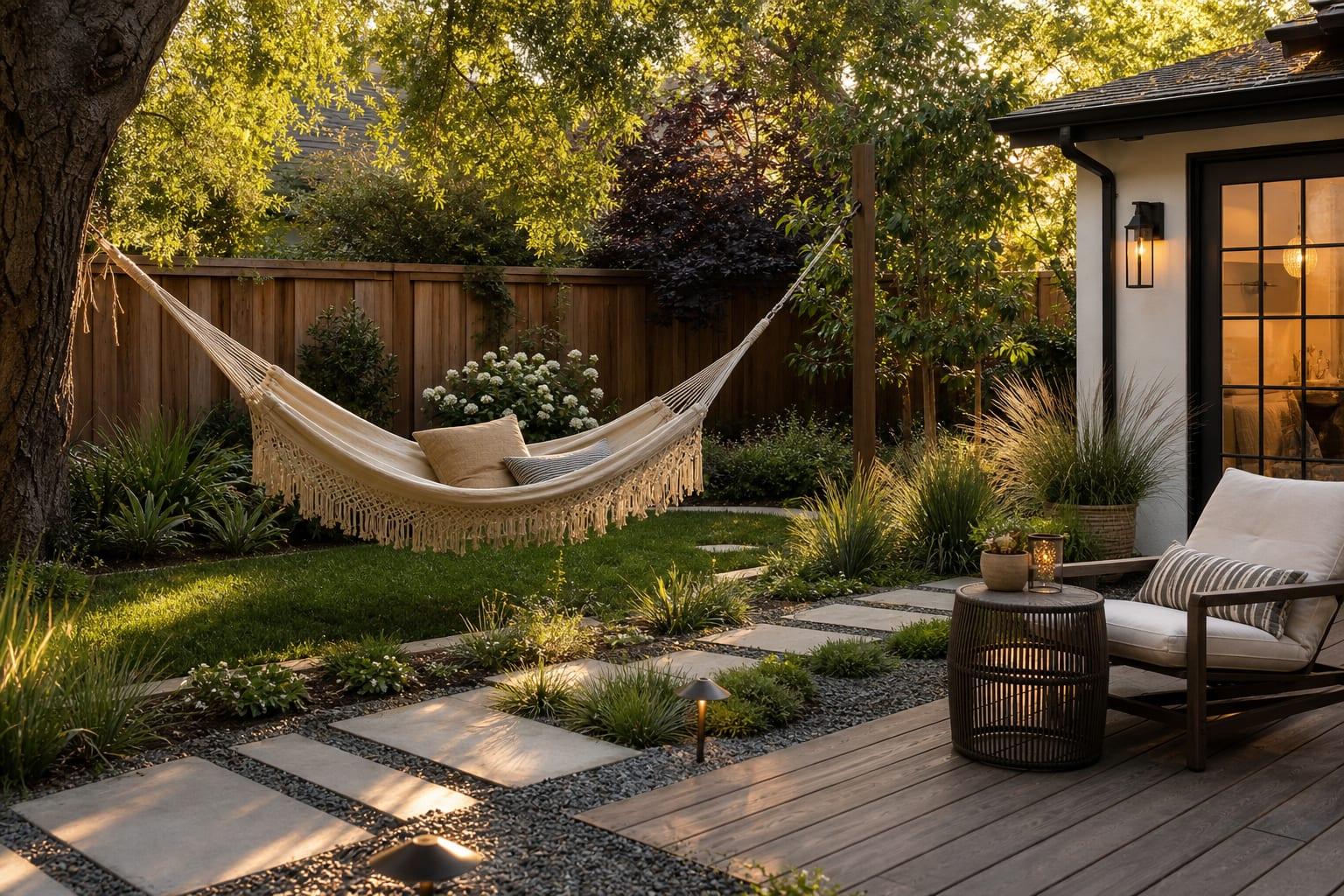 Hangmat in een groene tuin met weelderige planten en een rustige zithoek